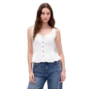 GAP Peplum Tank Top Women L Tall White Denim Button Front NWT Sleeveless Blouse